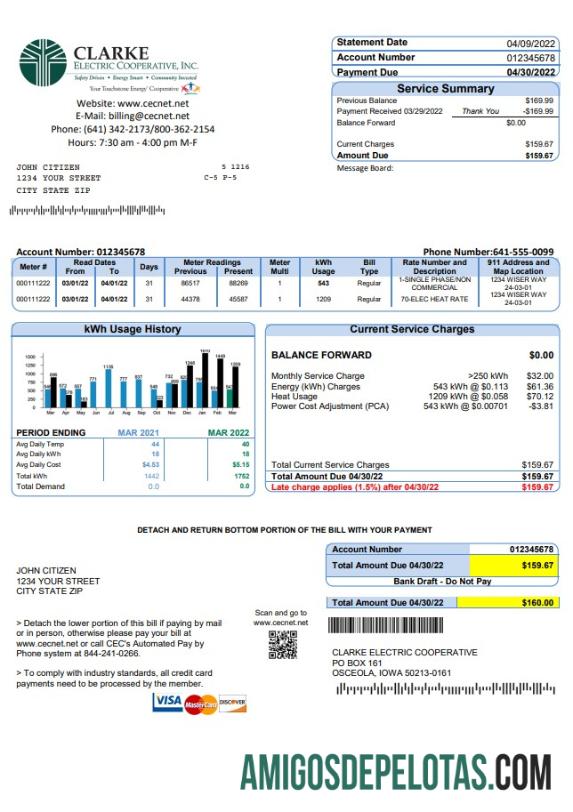 para download Modelo de conta de serviços públicos da USA Iowa Clarke Electric Cooperative, Inc em formato Word e PDF